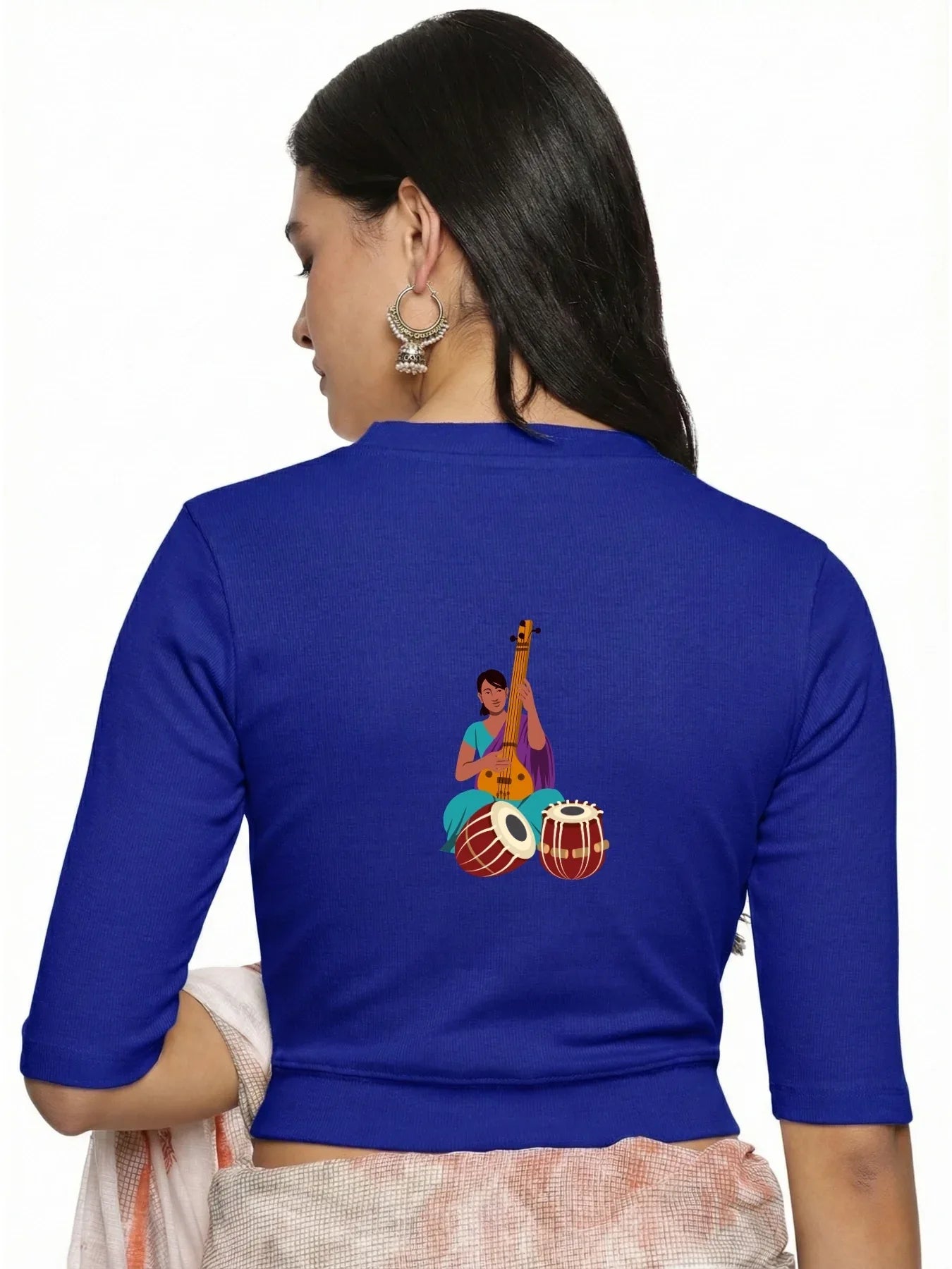 Women Back Printed Stretchable Elbow Sleeve RIB Blouse U0172 - notyetbyus