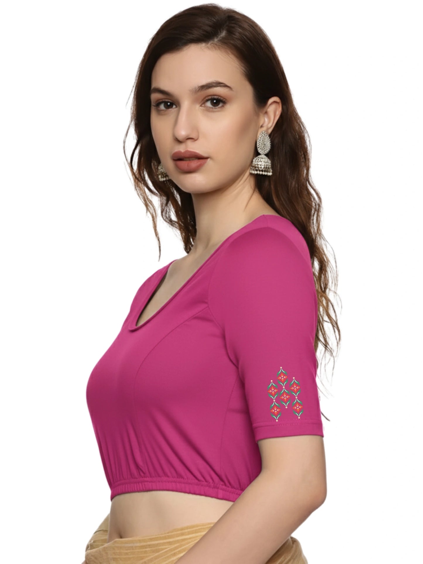 Women Back Printed Stretchable Half Sleeve Blouse U0178 Rani Pink