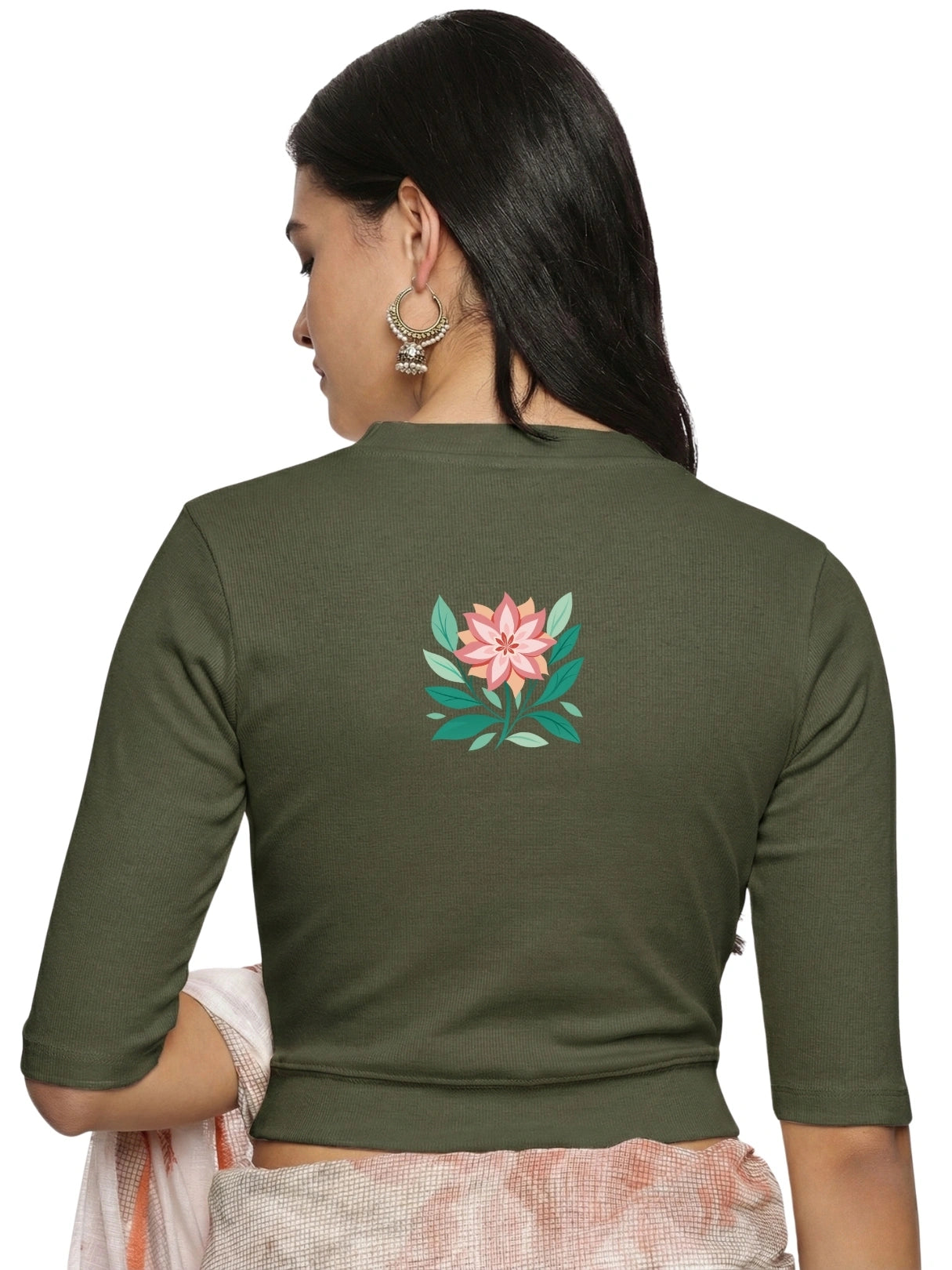 Women Back Printed Stretchable Elbow Sleeve RIB Blouse U0155 Olive Green