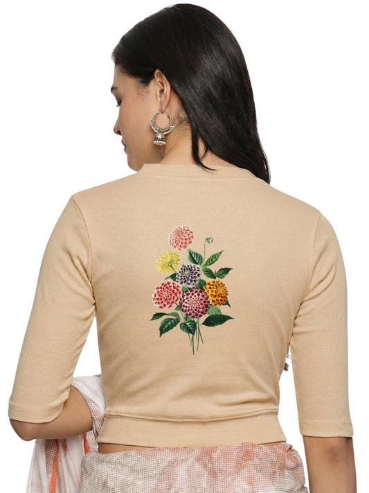Women Back Printed Stretchable Elbow Sleeve RIB Blouse U0171 Chikoo
