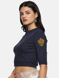 Women Back Printed Stretchable Elbow Sleeve RIB Blouse U0116 Navy