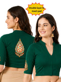 Women Mandarin Collar Back Printed Stretchable Elbow Sleeve Blouse U0279 Bottle Green
