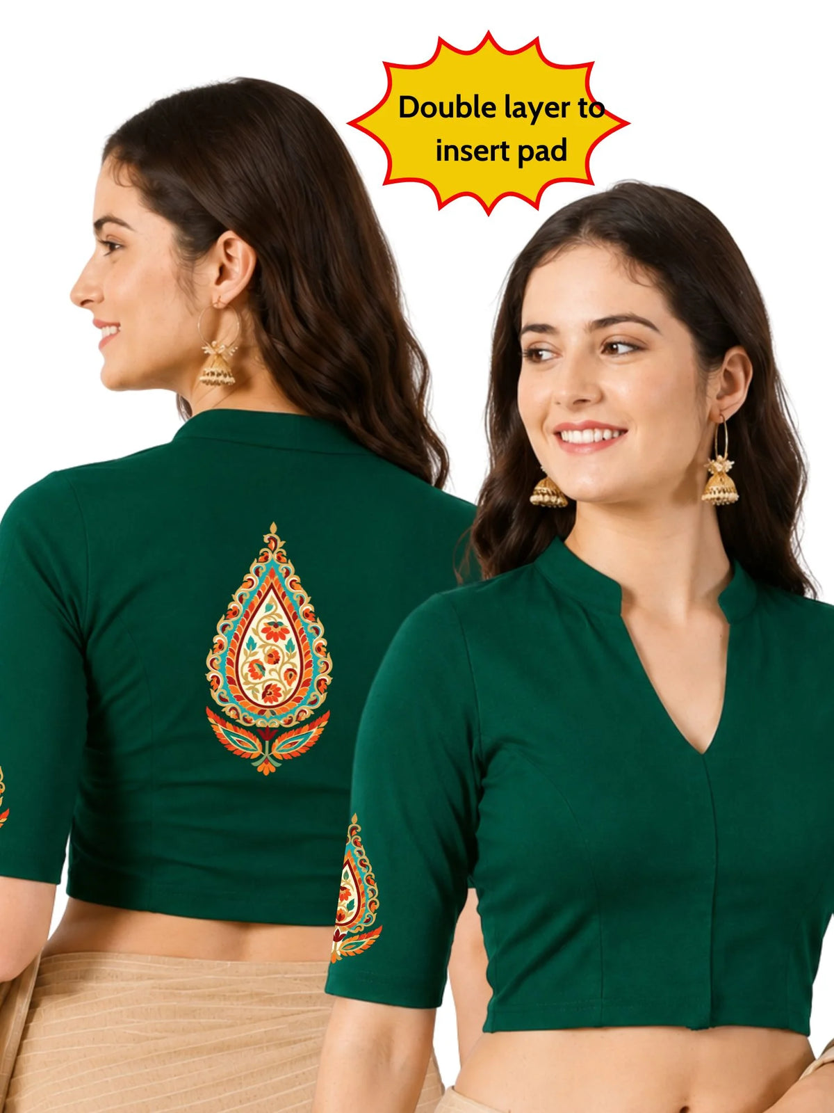 Women Mandarin Collar Back Printed Stretchable Elbow Sleeve Blouse U0279 Bottle Green