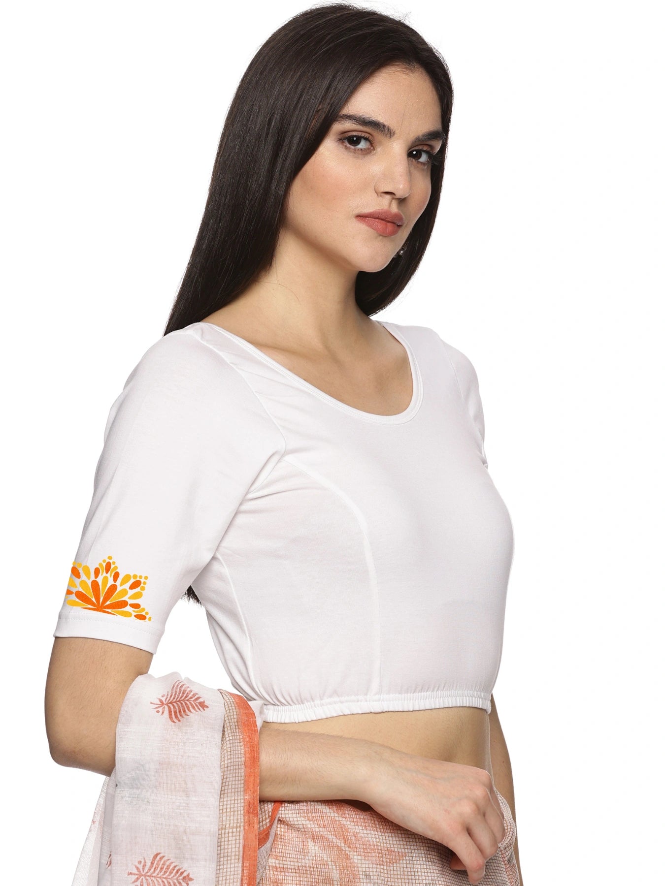 Women Back Printed Stretchable Half Sleeve Blouse U0175 White