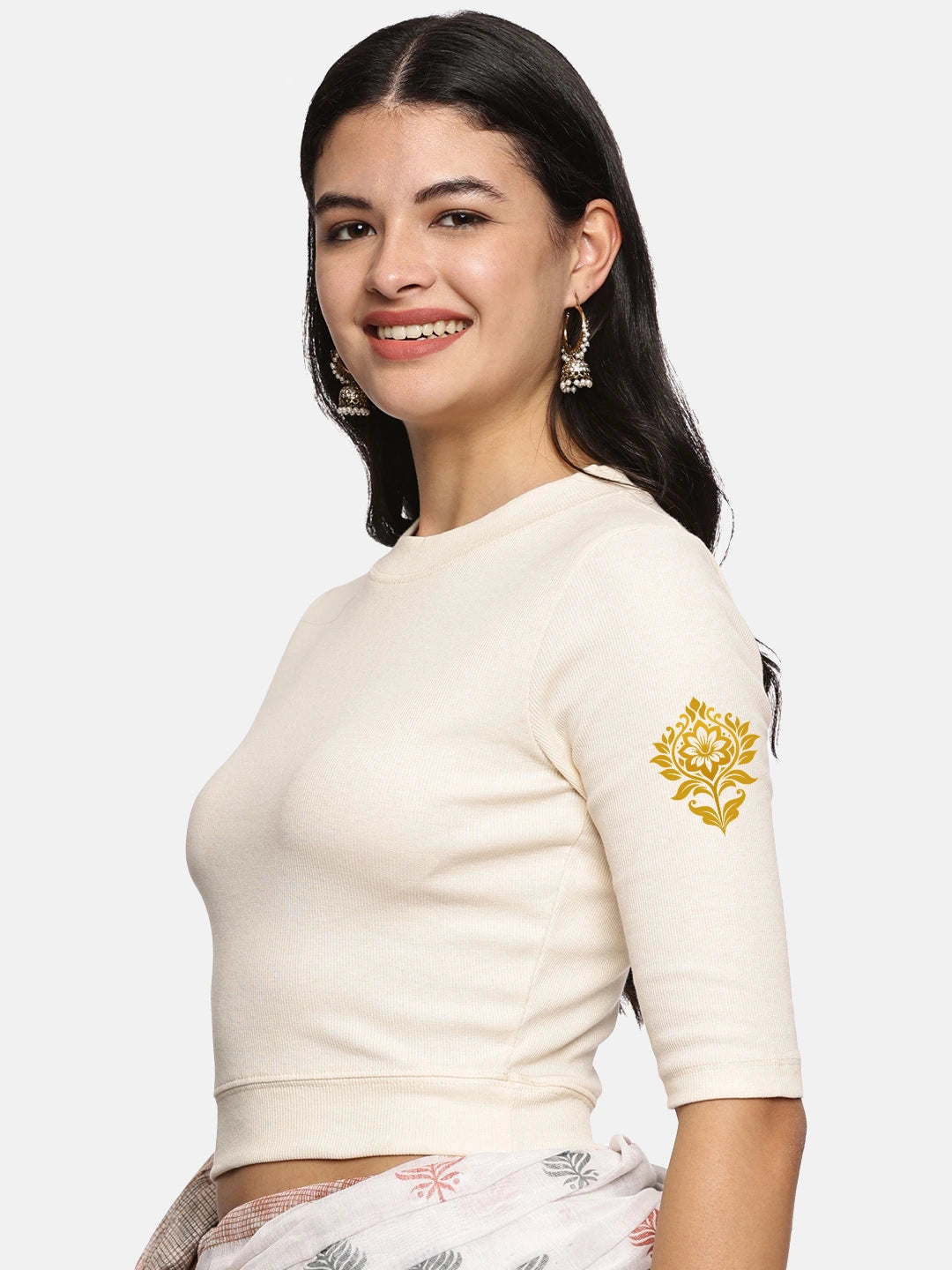 Women Back Printed Stretchable Elbow Sleeve RIB Blouse U0116 - notyetbyus