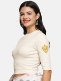 Women Back Printed Stretchable Elbow Sleeve RIB Blouse U0116 Cream