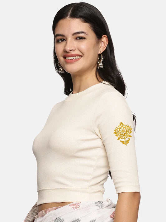 Women Back Printed Stretchable Elbow Sleeve RIB Blouse U0116 - notyetbyus