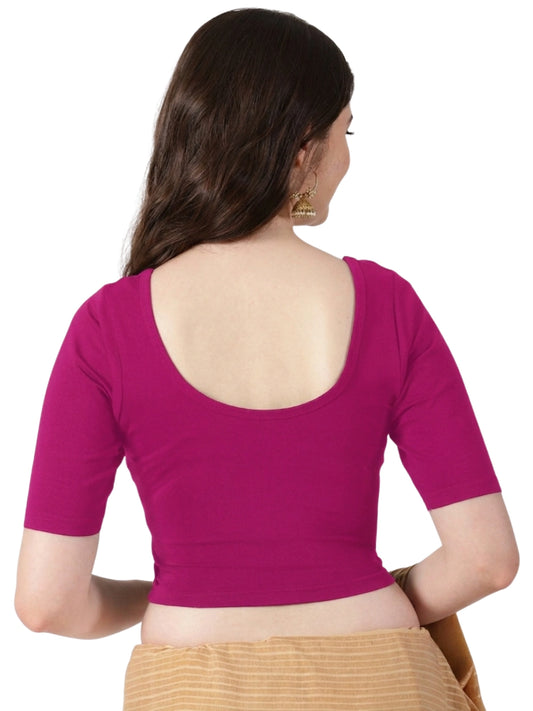 Women Front Open Pain Stretchable Half Sleeve Blouse U0261 Rani Pink