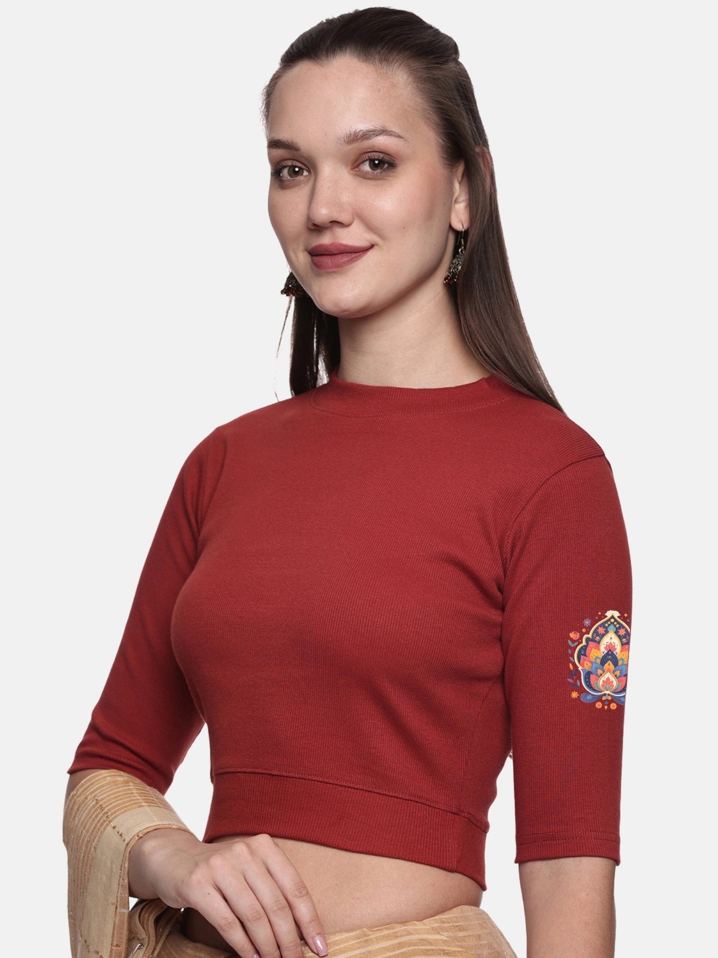 Women Back Printed Stretchable Elbow Sleeve RIB Blouse U0157 Terracotta Red