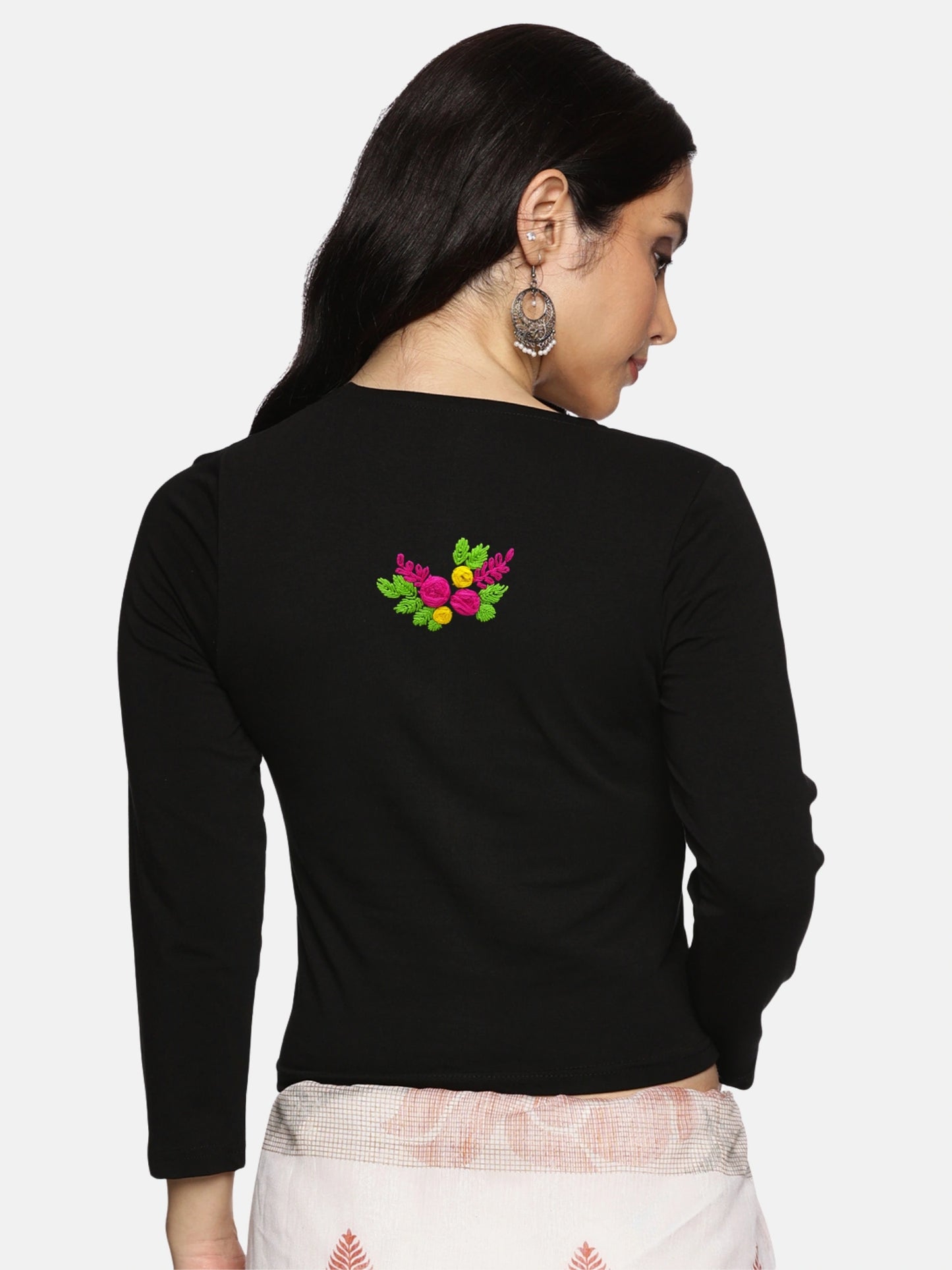 DIY Embroidery Kit with Women Stretchable Three Fourth Sleeve Blouse E01 – Black