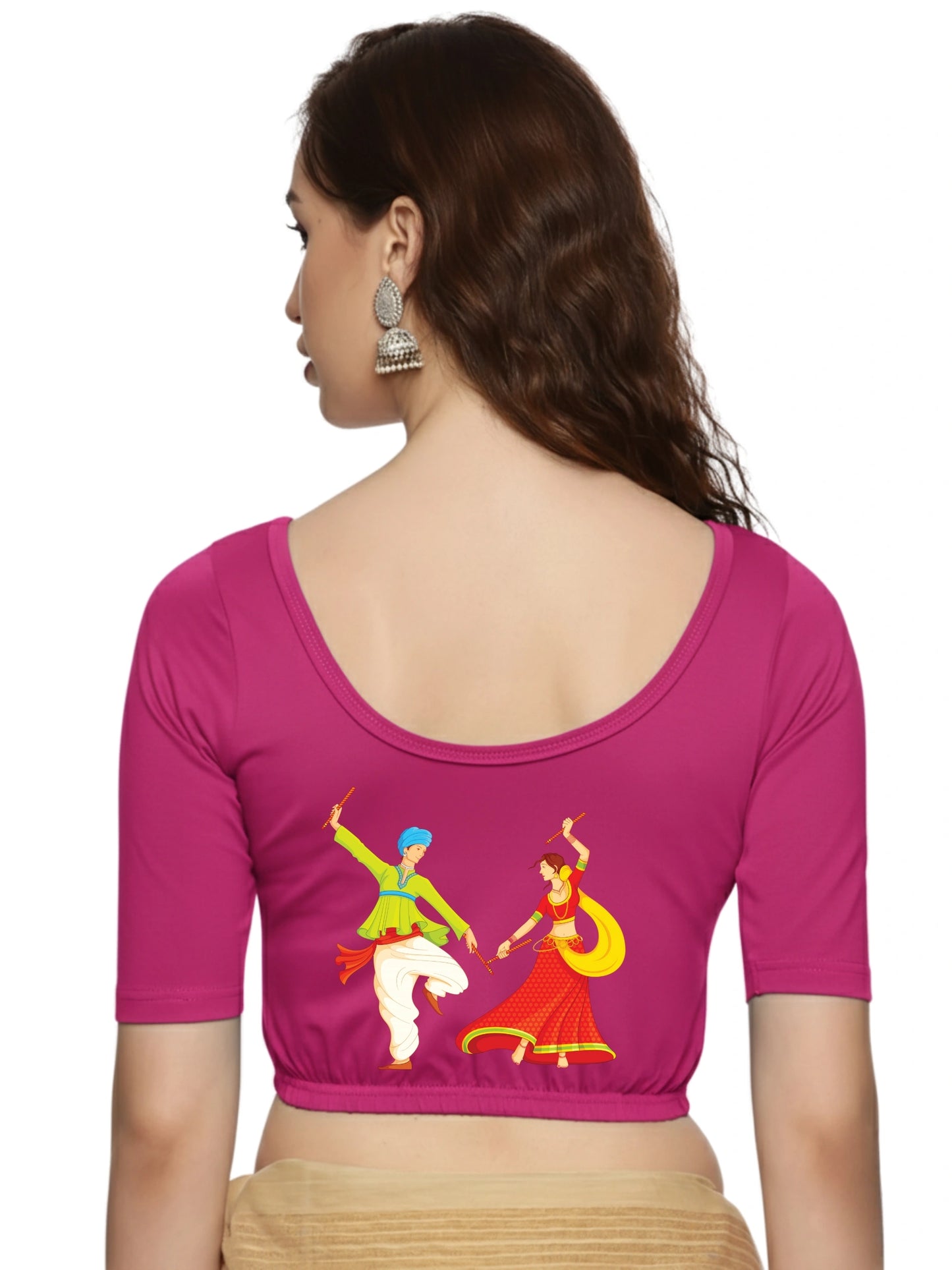 Women Back Printed Stretchable Half Sleeve Blouse U031 Rani Pink