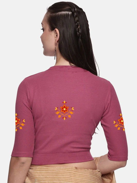 Women Back Printed Stretchable Elbow Sleeve RIB Blouse U0158 - notyetbyus