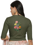 Women Back Printed Stretchable Elbow Sleeve RIB Blouse U0171 Olive Green