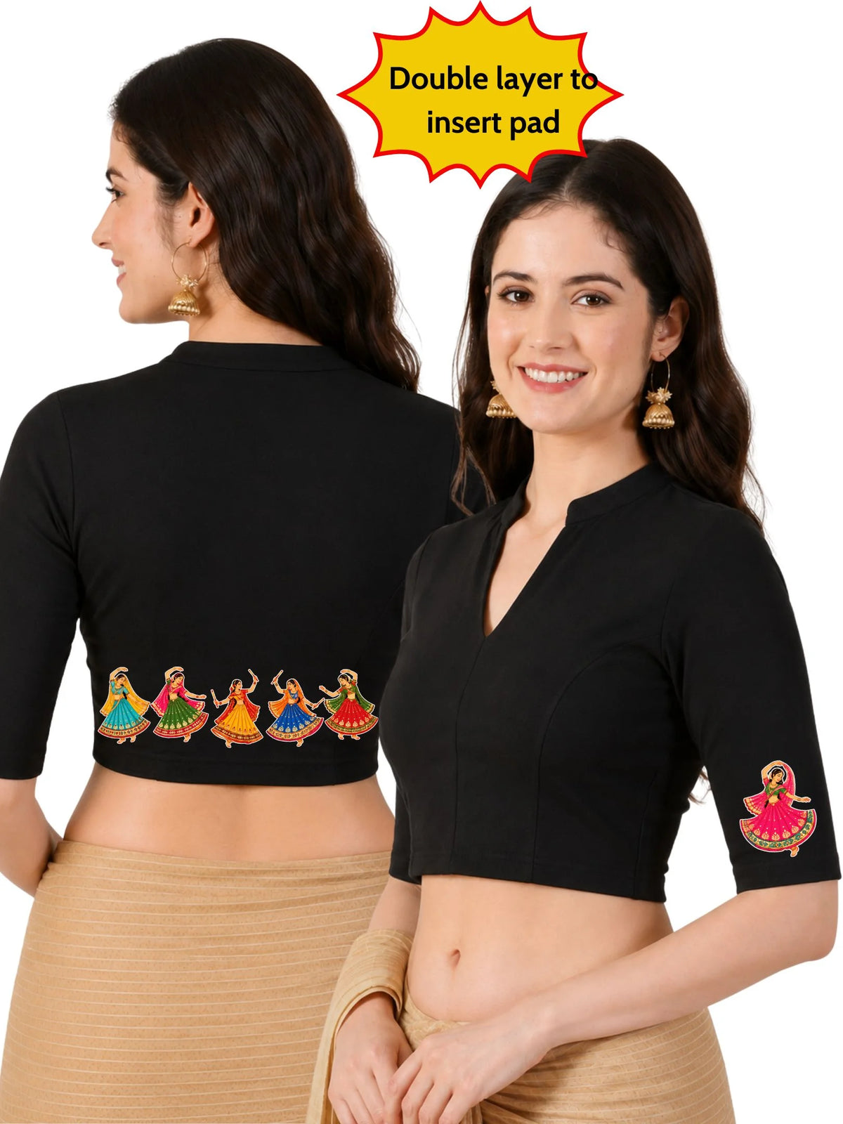 Women Mandarin Collar Back Printed Stretchable Elbow Sleeve Blouse U0281 Black