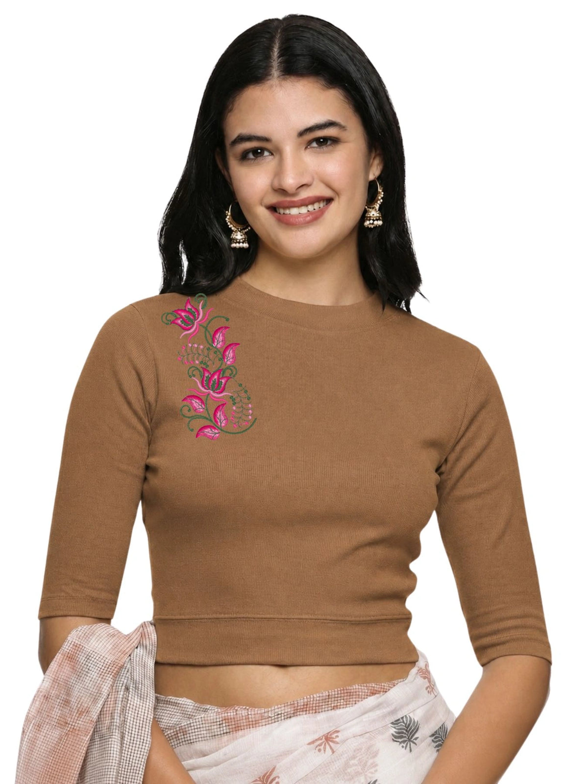 Women Back Printed Stretchable Elbow Sleeve RIB Blouse U0117 Biscuit
