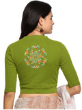 Women Back Printed Stretchable Elbow Sleeve RIB Blouse U0119 Dark Parrot Green