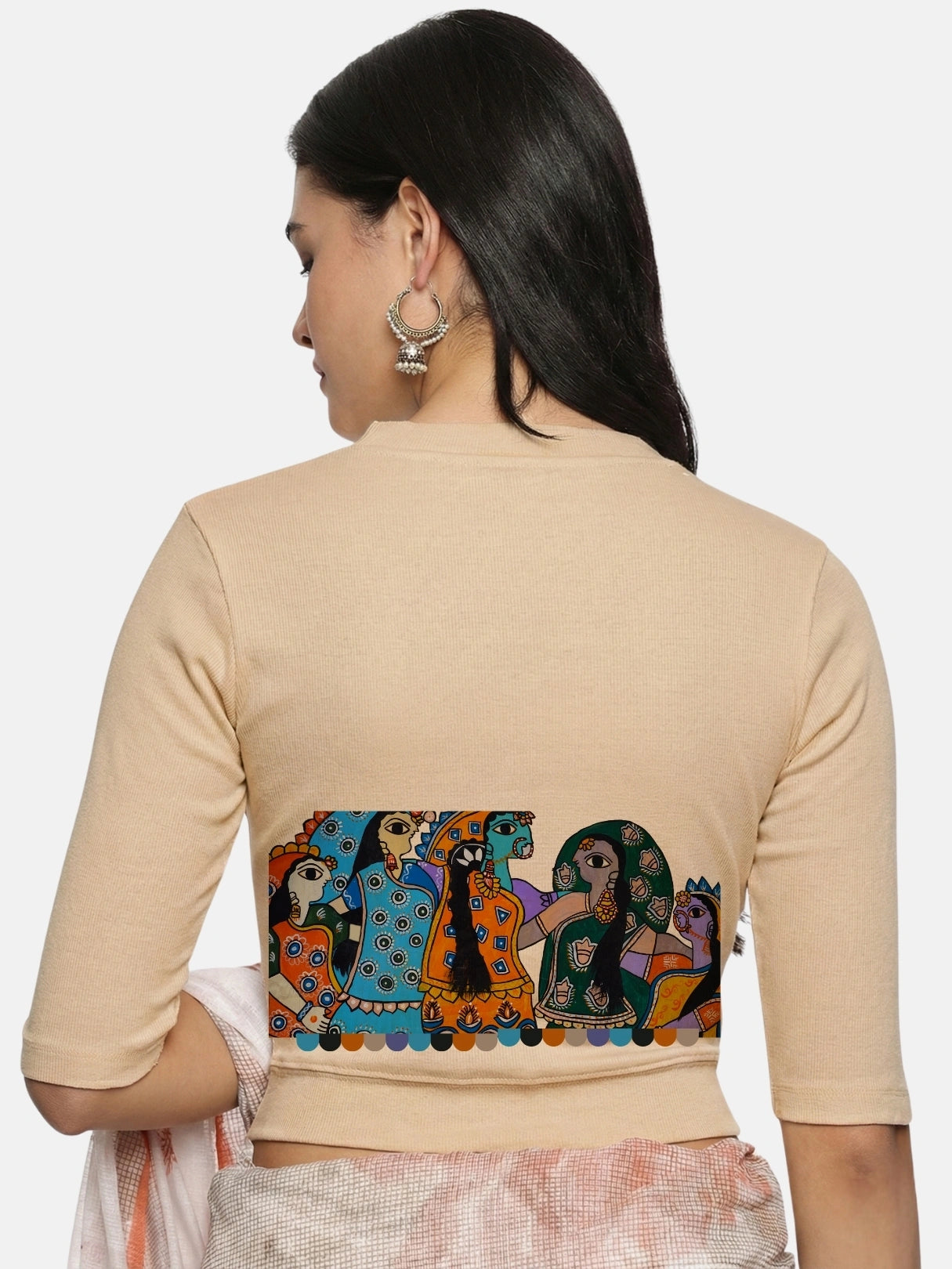Women Back Printed Stretchable Elbow Sleeve RIB Blouse U0160 Chikoo