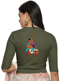 Women Back Printed Stretchable Elbow Sleeve RIB Blouse U0172 Olive Green