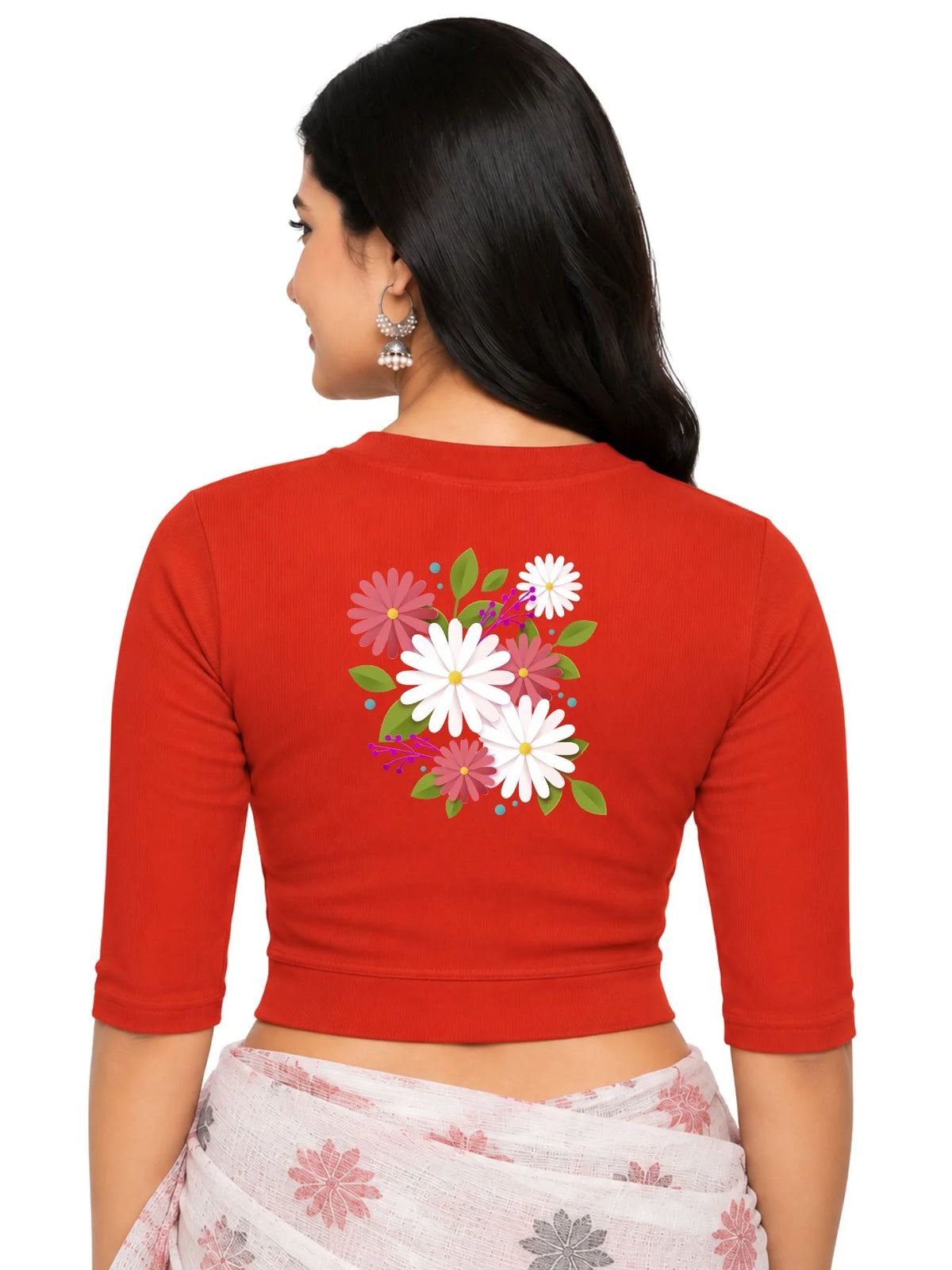 Women Back Printed Stretchable Elbow Sleeve RIB Blouse U0145 Dark Orange