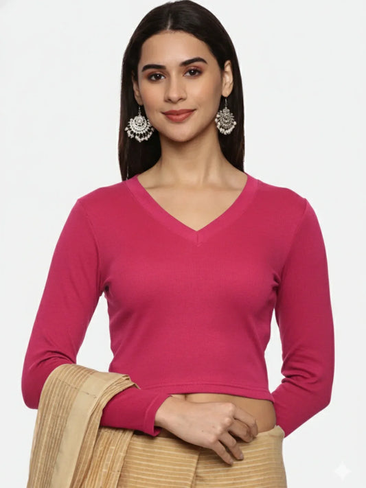 Women Plain Stretchable Full Sleeve V Neck RIB Blouse U0191 - notyetbyus