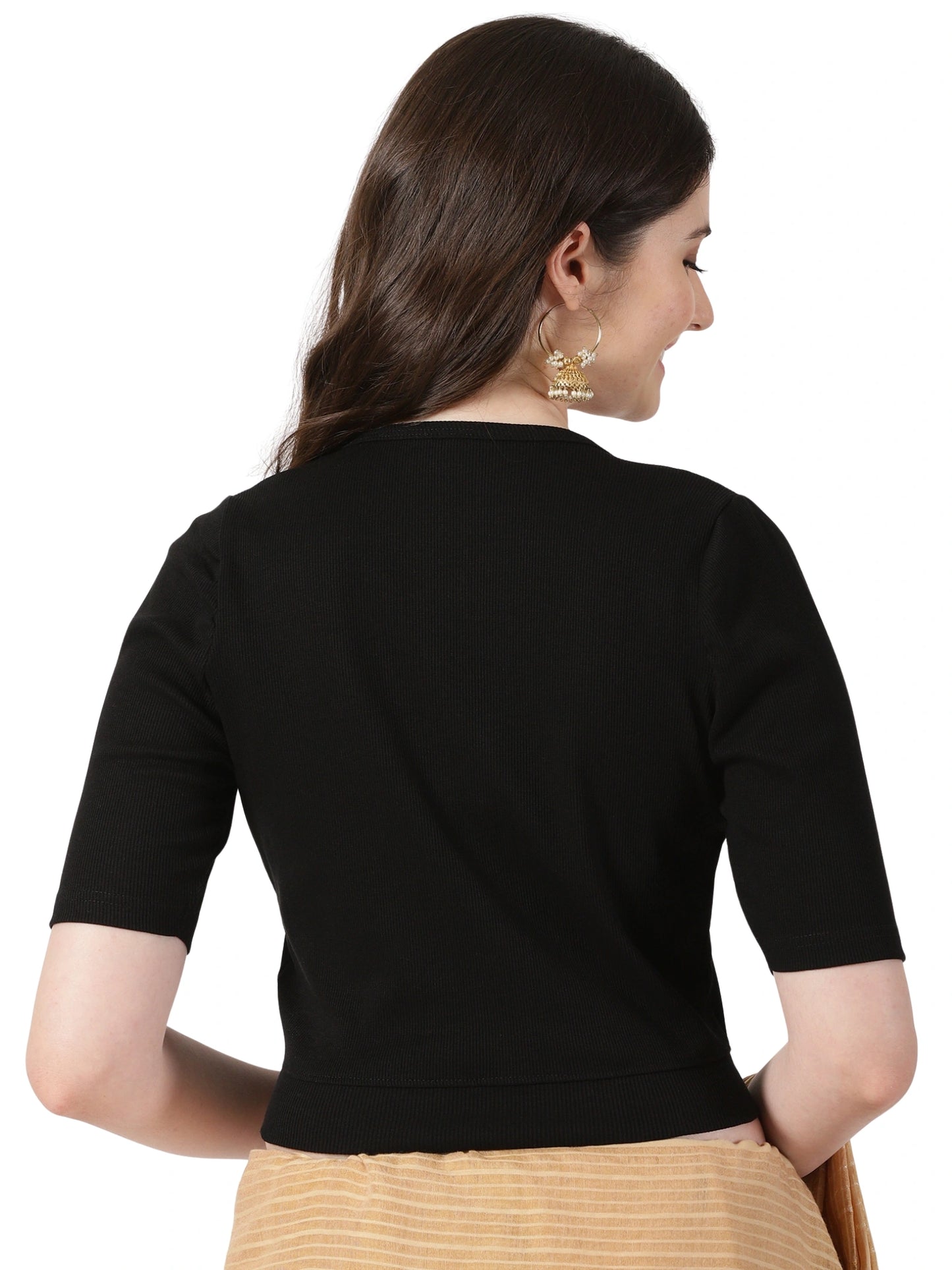 Women Plain Stretchable Rib Square Neck Puff Sleeve Blouse U0251 Black