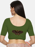 Women Back Printed Stretchable Half Sleeve Blouse U07 Mehndi Green