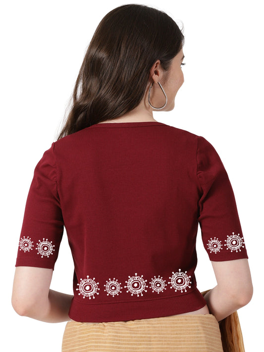 Women Stretchable Rib Square Neck Puff Sleeve Blouse Back Print U0244 Maroon