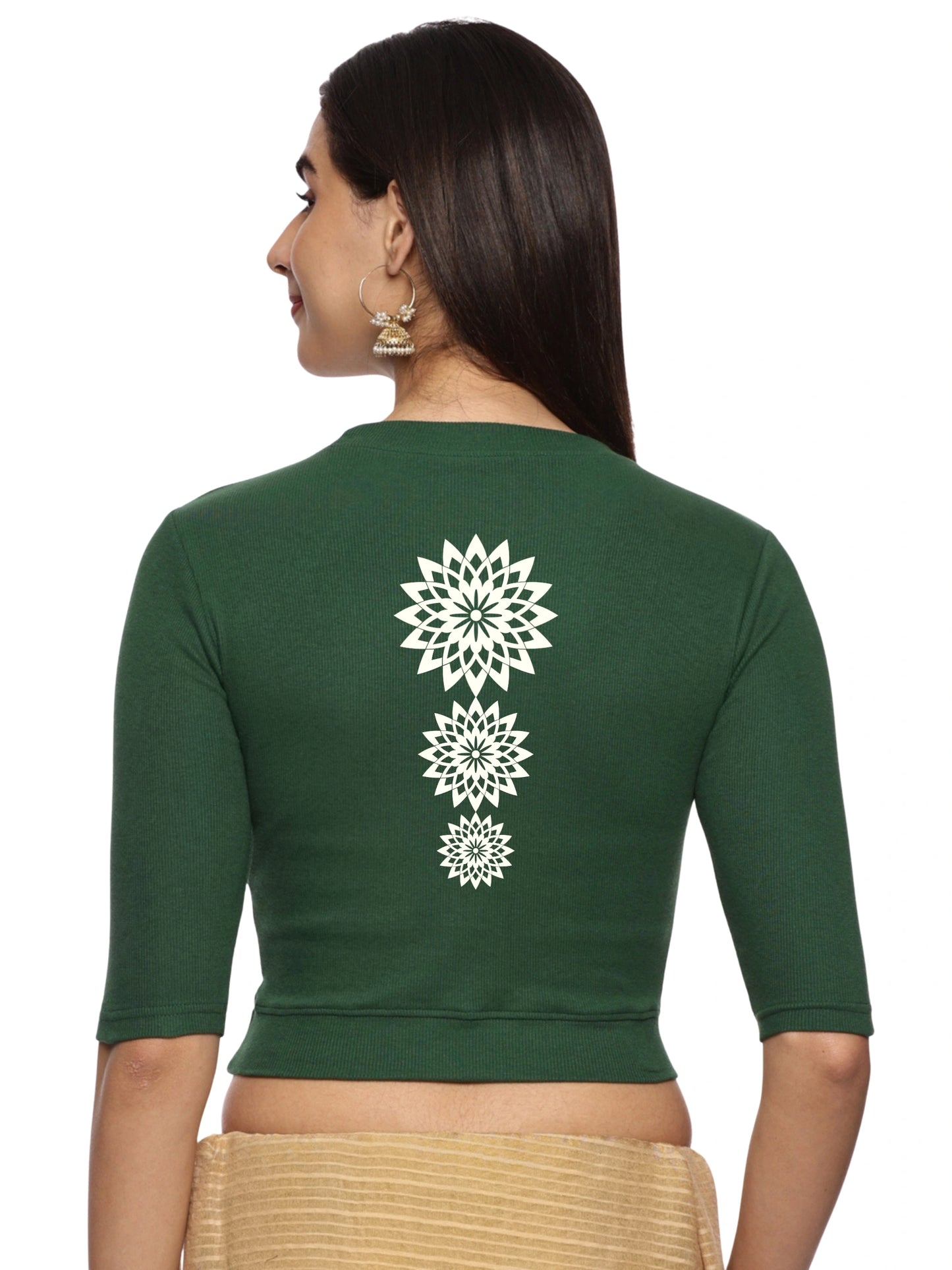 Women Back Printed Stretchable Elbow Sleeve RIB Blouse U0170 Bottle Green