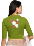 Women Back Printed Stretchable Elbow Sleeve RIB Blouse U0145 Dark Parrot Green