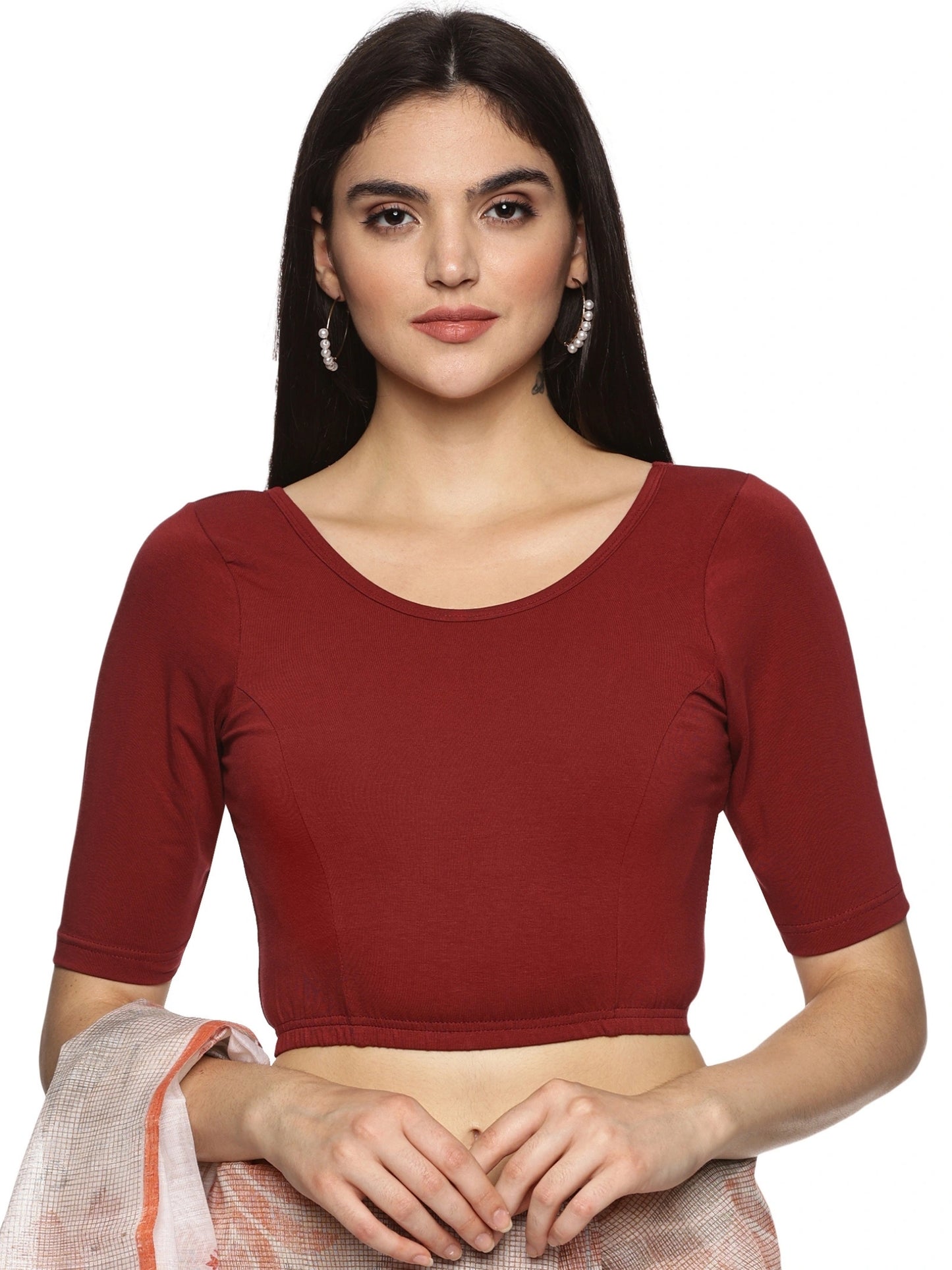 DIY Embroidery Kit with Women Stretchable Half Sleeve Blouse E02 – Maroon