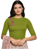 Women Back Printed Stretchable Elbow Sleeve RIB Blouse U0117 Dark Parrot Green