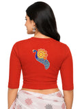 Women Back Printed Stretchable Elbow Sleeve RIB Blouse U0146 Dark Orange
