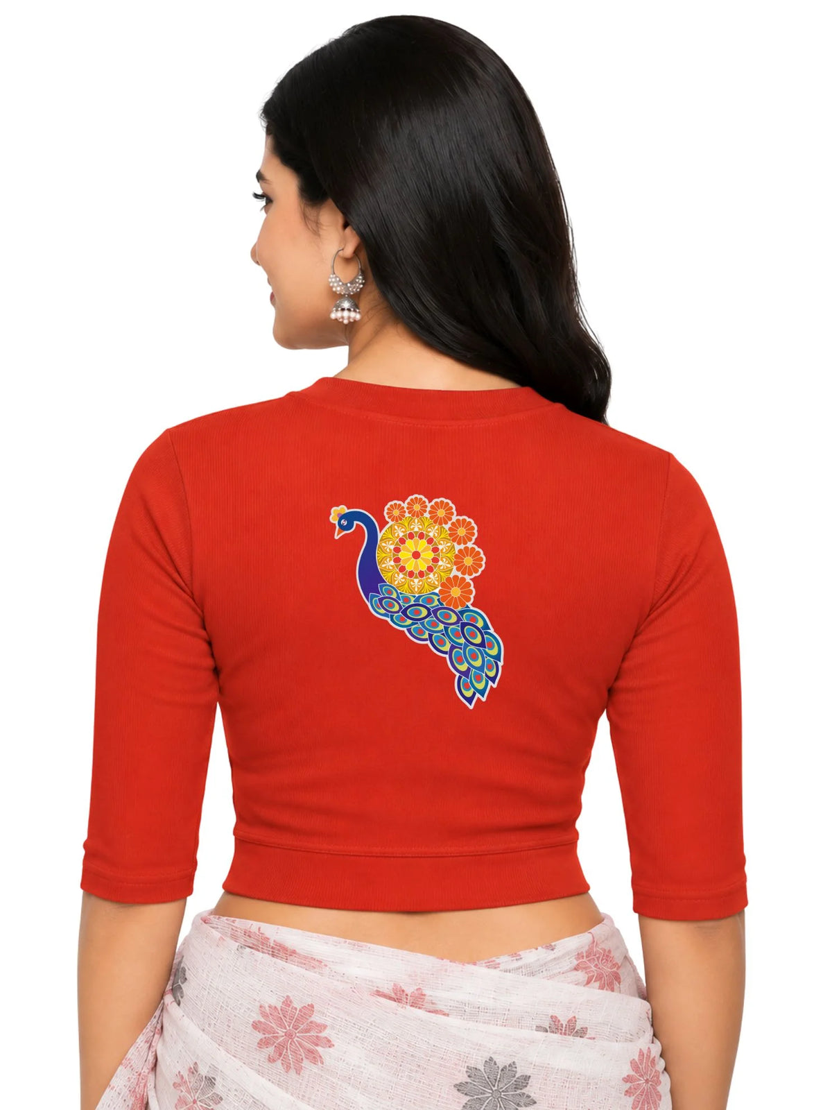 Women Back Printed Stretchable Elbow Sleeve RIB Blouse U0146 Dark Orange