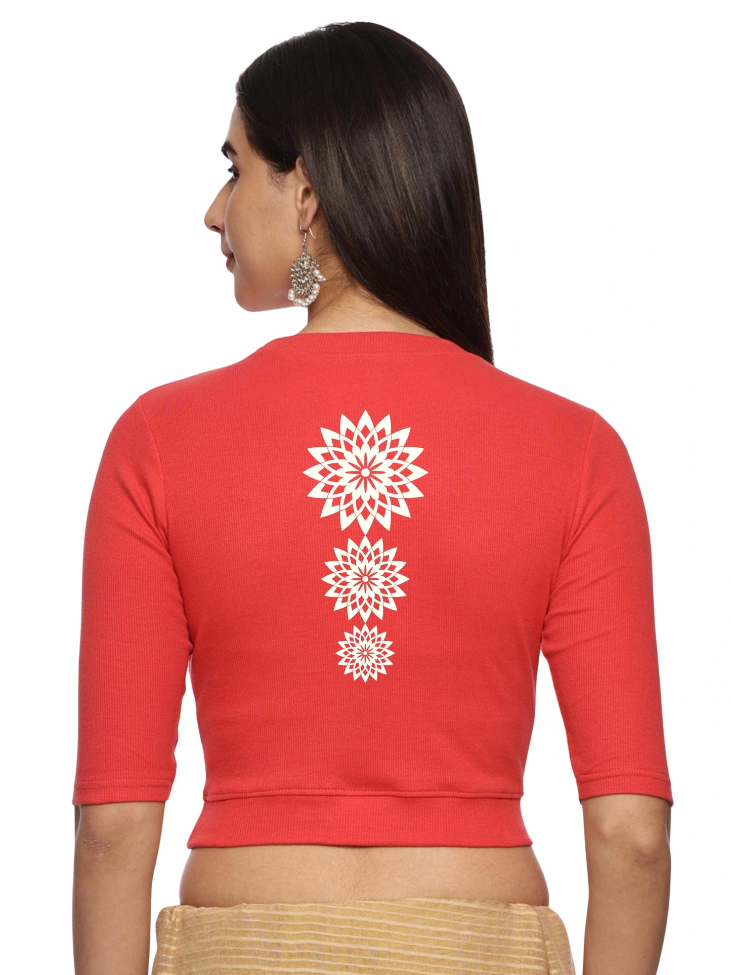 Women Back Printed Stretchable Elbow Sleeve RIB Blouse U0170 Coral