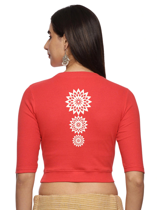 Women Back Printed Stretchable Elbow Sleeve RIB Blouse U0170 Coral