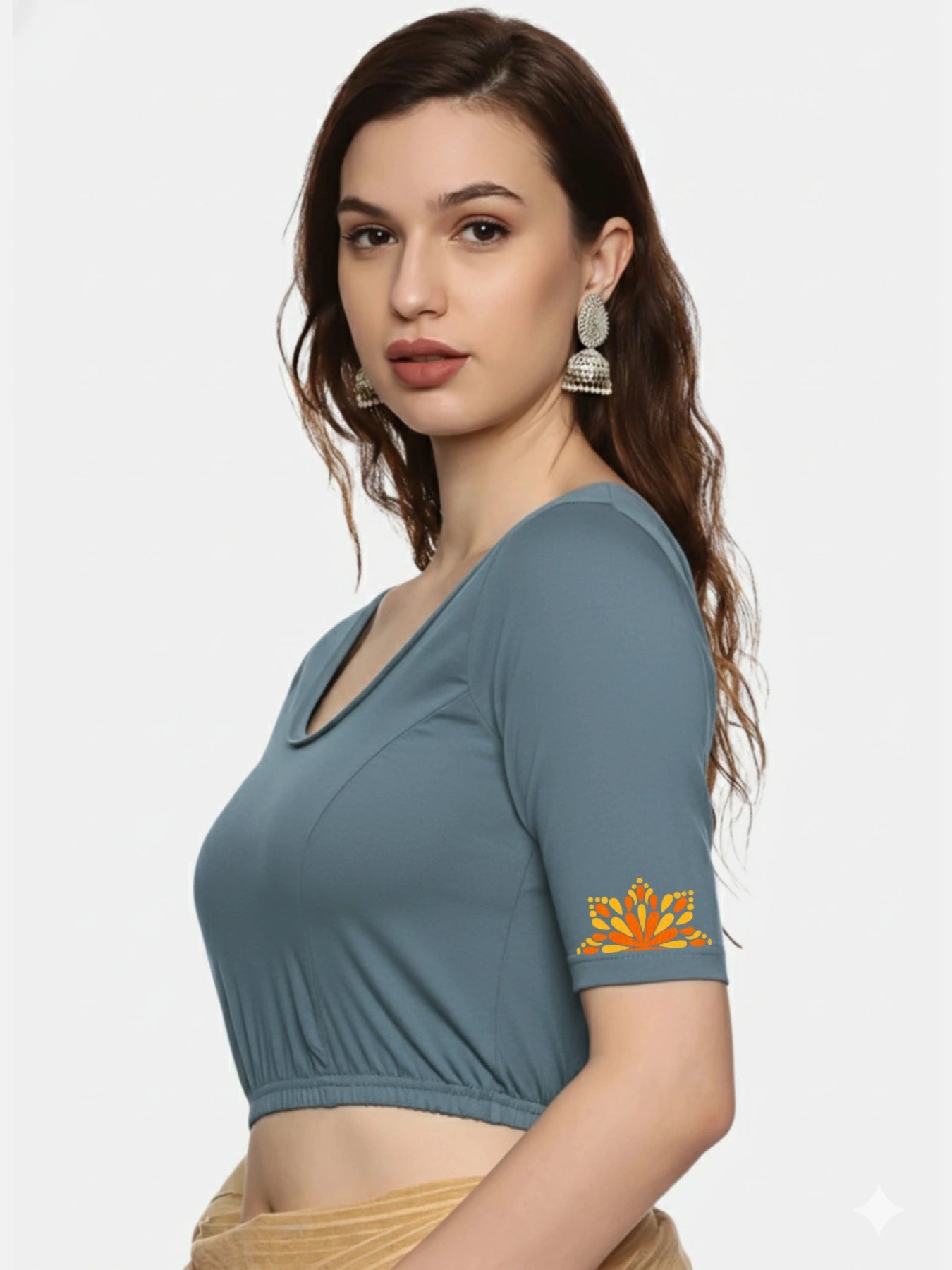 Women Back Printed Stretchable Half Sleeve Blouse U0175 Elephant Grey