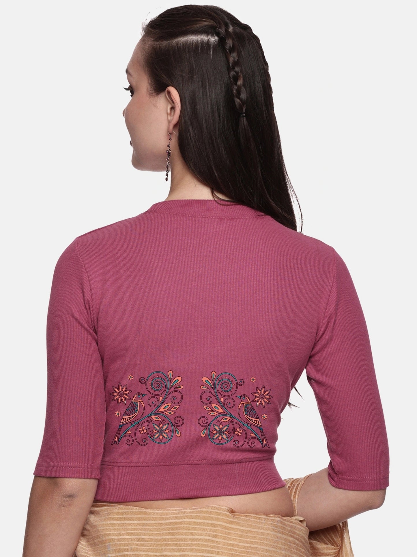 Women Back Printed Stretchable Elbow Sleeve RIB Blouse U0156 Wine
