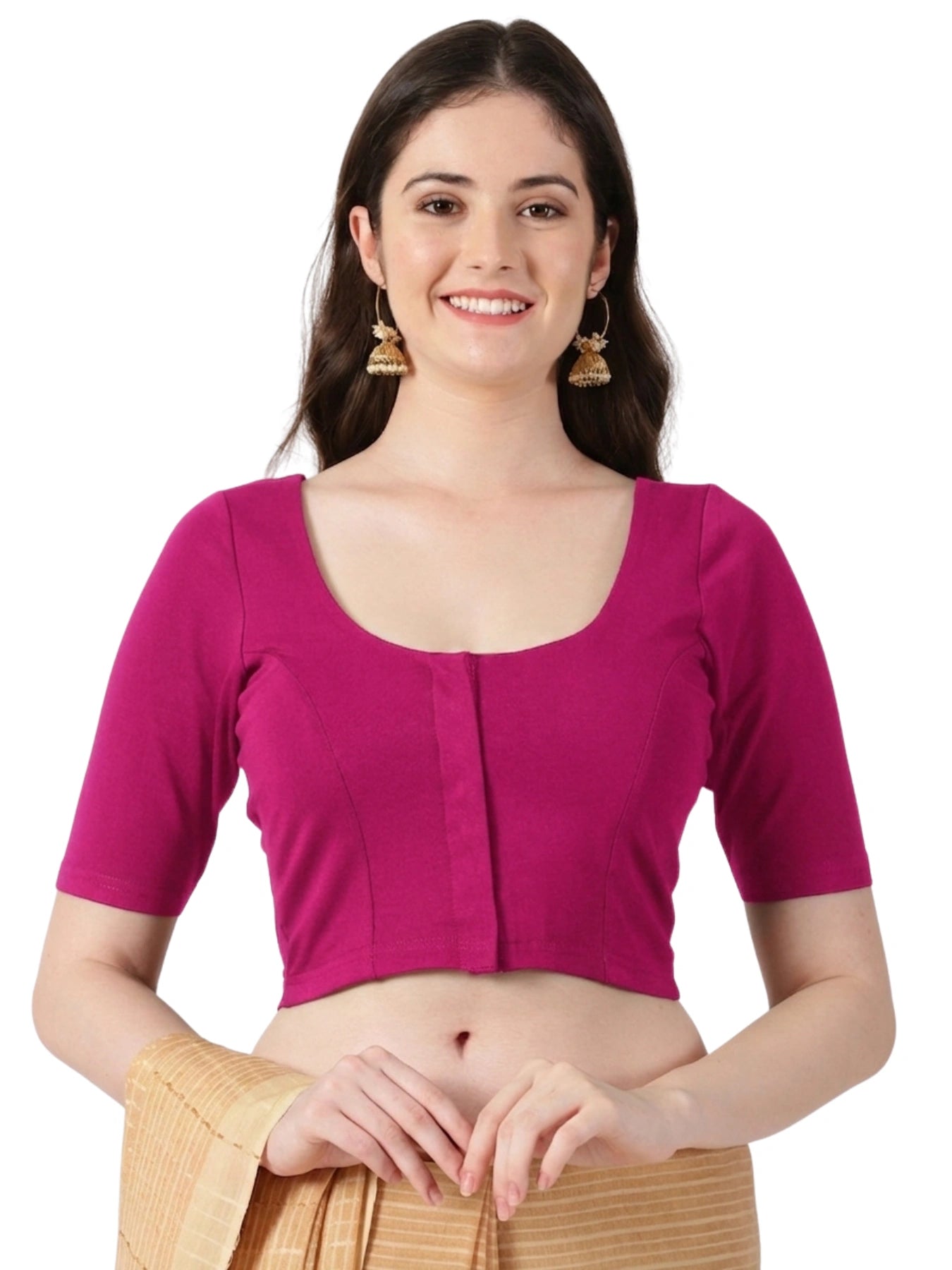 DIY Embroidery Kit with Women Front Open Stretchable Half Sleeve Blouse E010 – Rani Pink