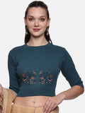 Women Back Printed Stretchable Elbow Sleeve RIB Blouse U0156 Teal Green