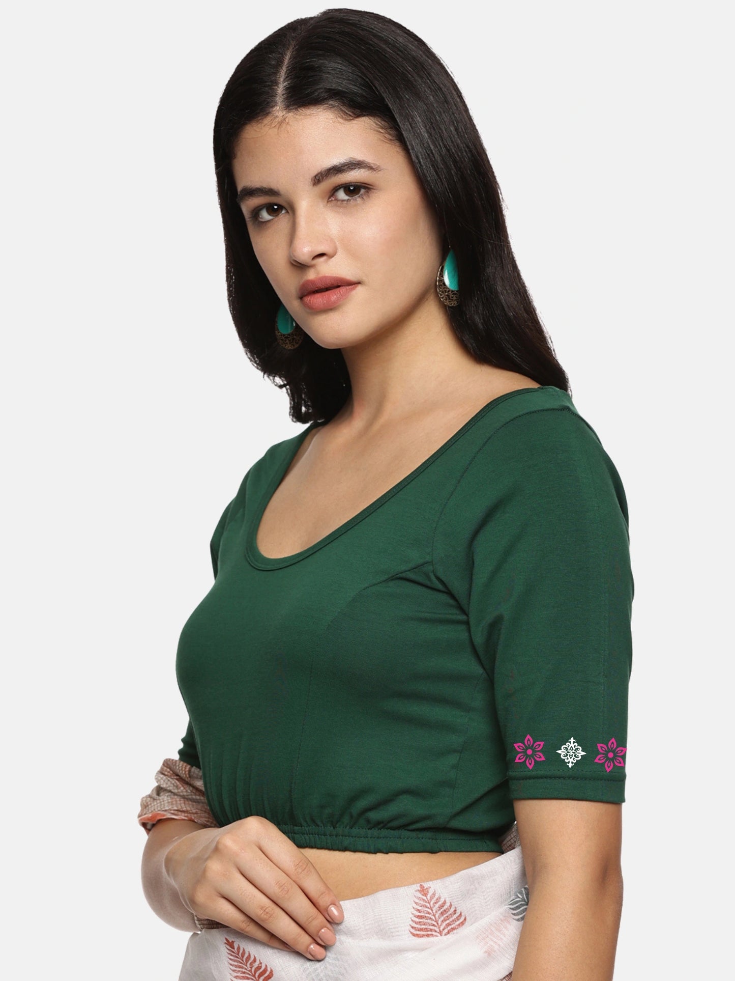 Women Back Printed Stretchable Half Sleeve Blouse U087 Bottle Green