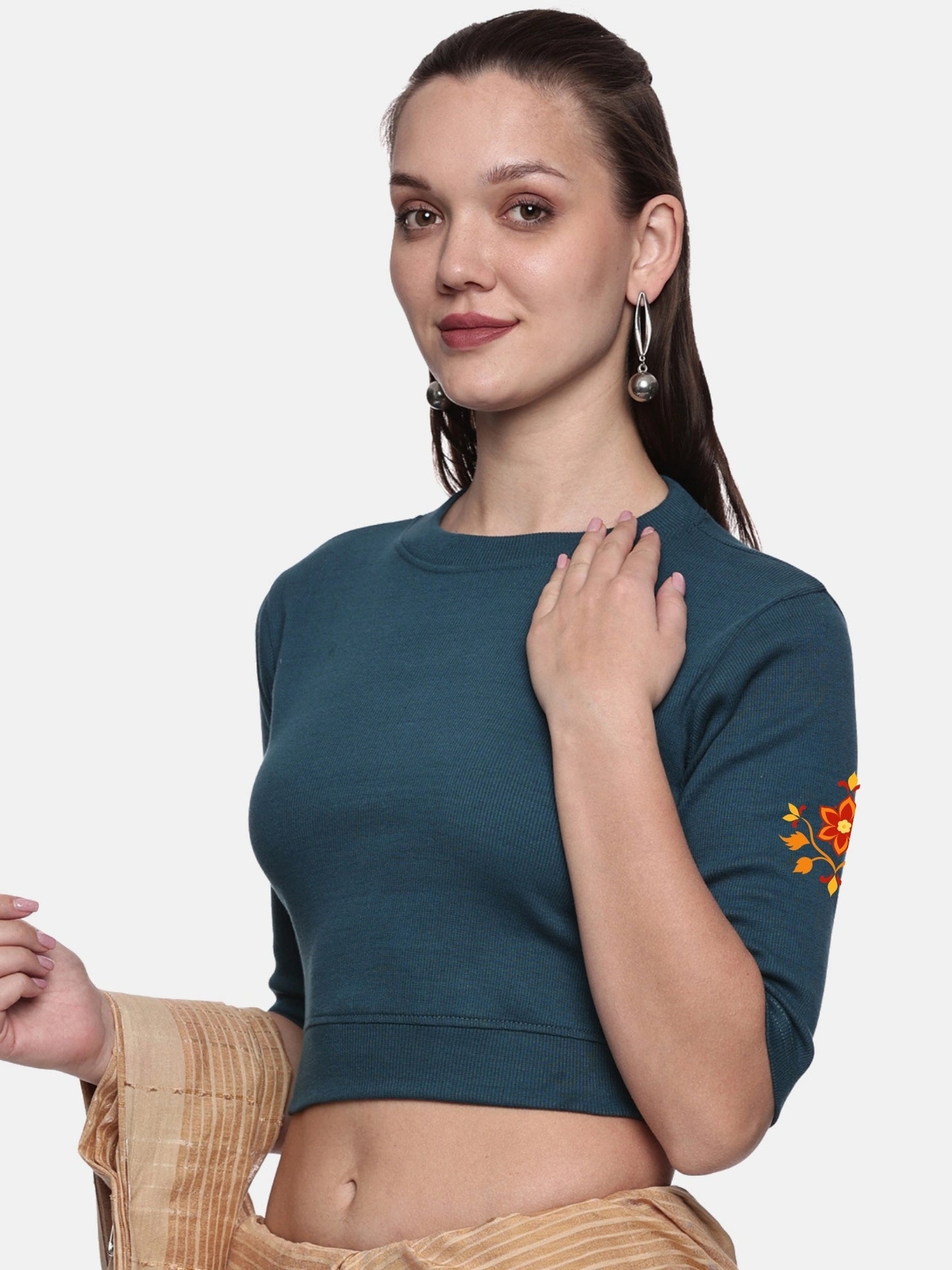 Women Back Printed Stretchable Elbow Sleeve RIB Blouse U0158 Teal Green