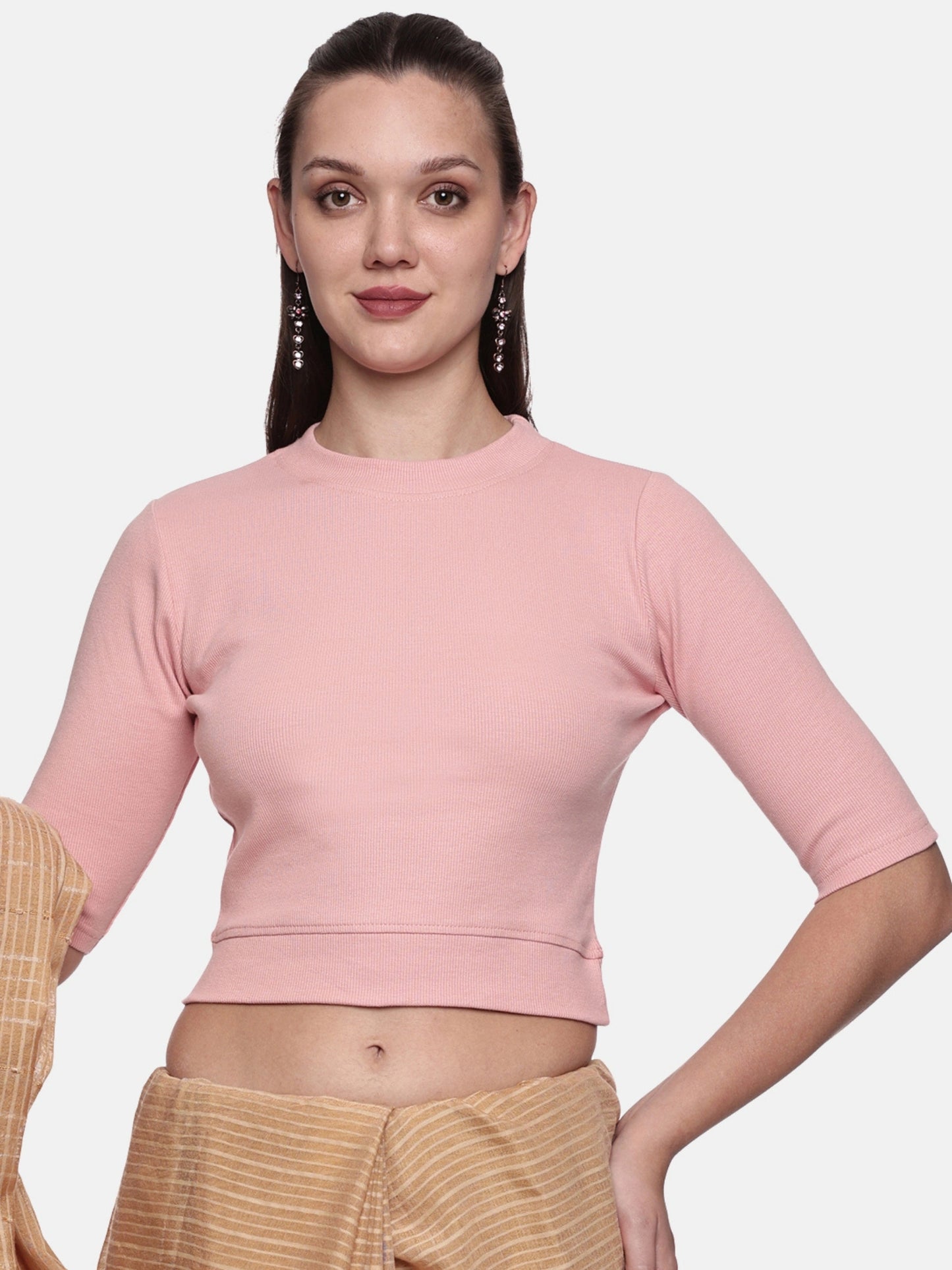 Women Back Printed Stretchable Elbow Sleeve RIB Blouse U0168 Blush Pink