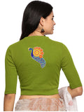 Women Back Printed Stretchable Elbow Sleeve RIB Blouse U0146 Dark Parrot Green