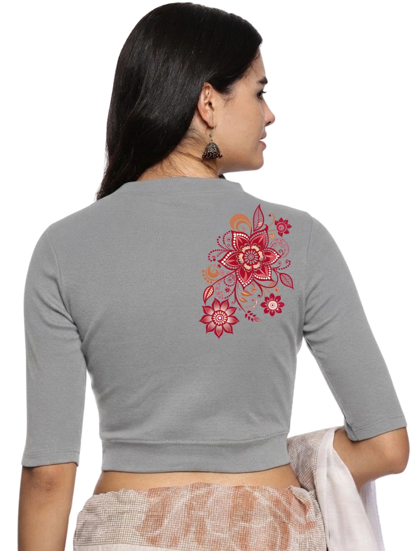 Women Back Printed Stretchable Elbow Sleeve RIB Blouse U0122 LT Steel Grey