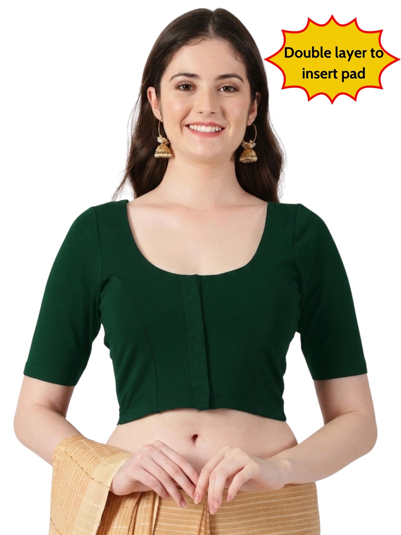Women Front Open Plain Stretchable Half Sleeve Blouse U0261 Bottle Green