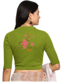 Women Back Printed Stretchable Elbow Sleeve RIB Blouse U0113 Dark Parrot Green