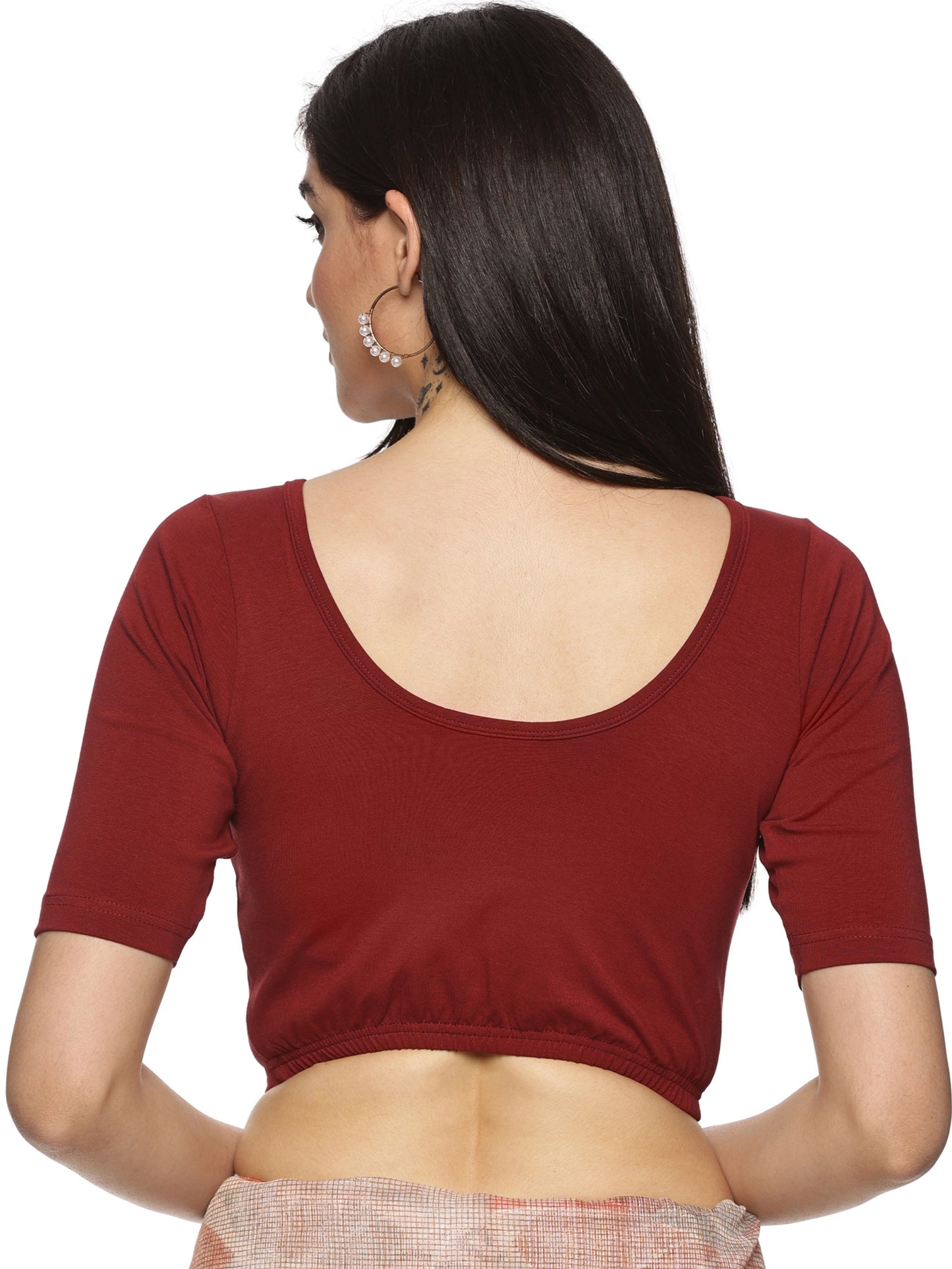 Women Plain Stretchable Half Sleeve Blouse U01A Maroon