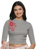 Women Back Printed Stretchable Elbow Sleeve RIB Blouse U0122 LT Steel Grey
