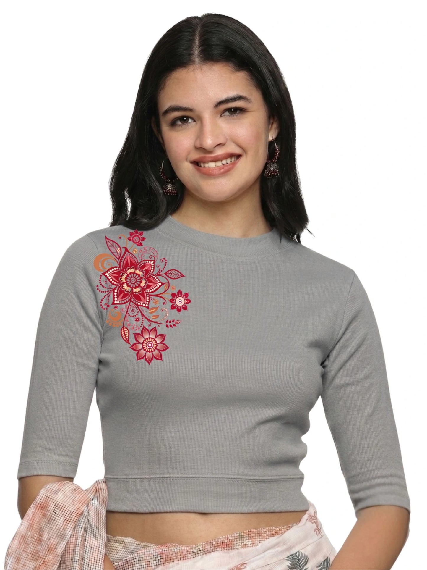 Women Back Printed Stretchable Elbow Sleeve RIB Blouse U0122 LT Steel Grey