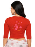 Women Back Printed Stretchable Elbow Sleeve RIB Blouse U0113 Dark Orange
